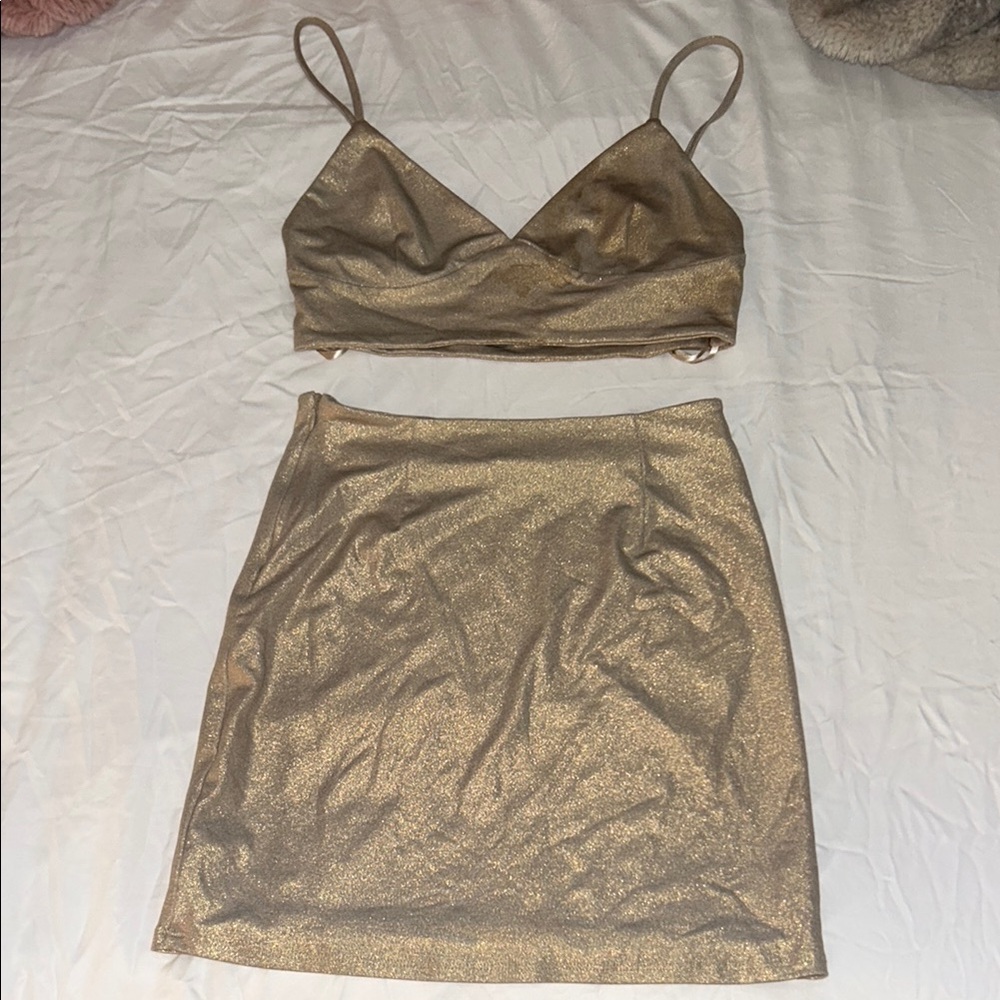 by the way. Metallic Gold Skirt Set
